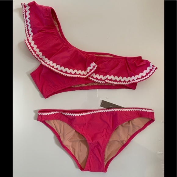 J. Crew Pink One Shoulder Swim Top With Bikini Swim Bottoms 2pc Set